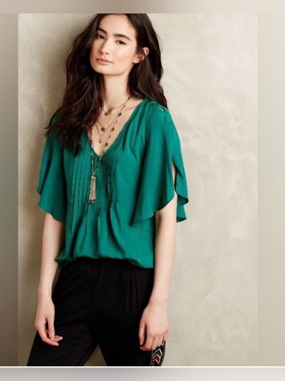 Anthropologie Maeve Green Pintuck Flutter Sleeve Blouse Top Size 8 v-neck